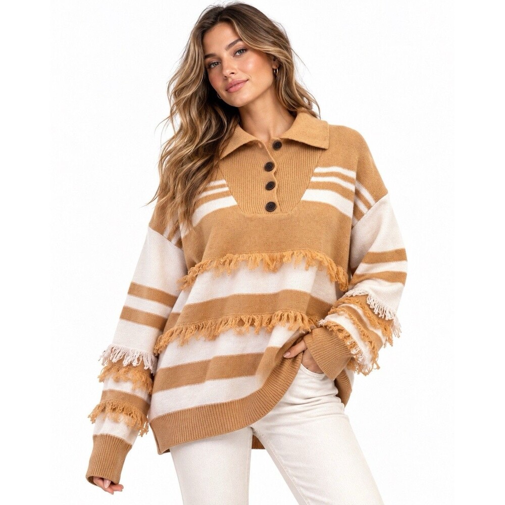 Easel Los Angeles Camel Cream Striped Fringe Collared Sweater Pullover Medium